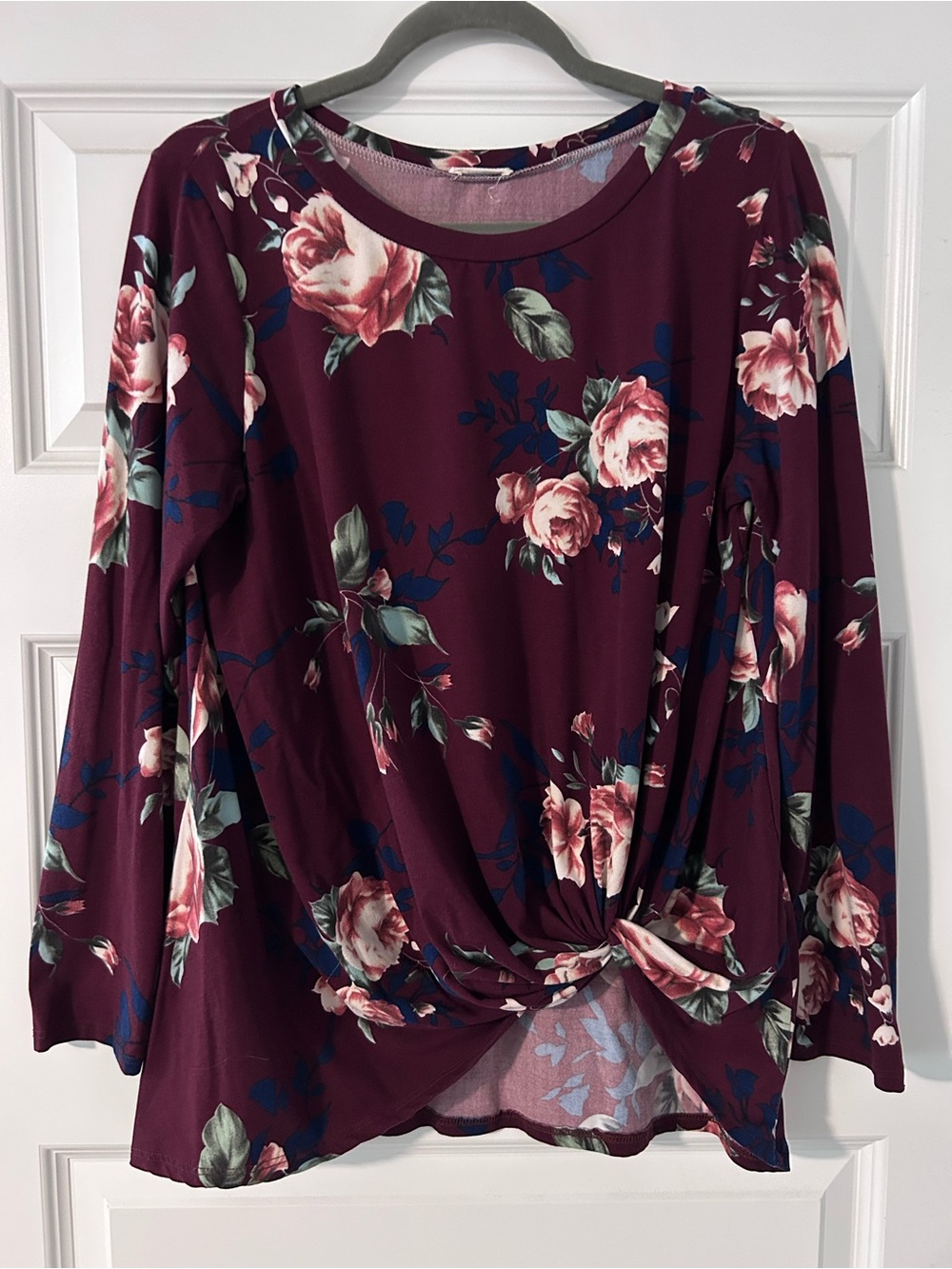 Floral Twist-Front Long Sleeve Top - Burgundy Floral